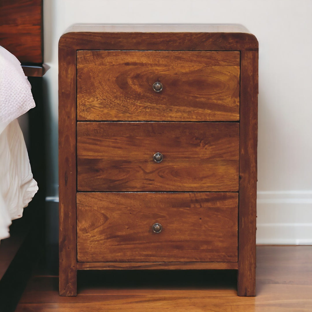 Brown Lacquered Chestnut Solid Mango Wood Naya Bedside Table with 3 Drawers & Brass Knobs