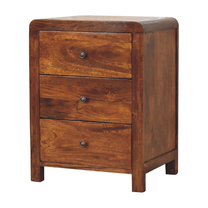Brown Lacquered Chestnut Solid Mango Wood Naya Bedside Table with 3 Drawers & Brass Knobs