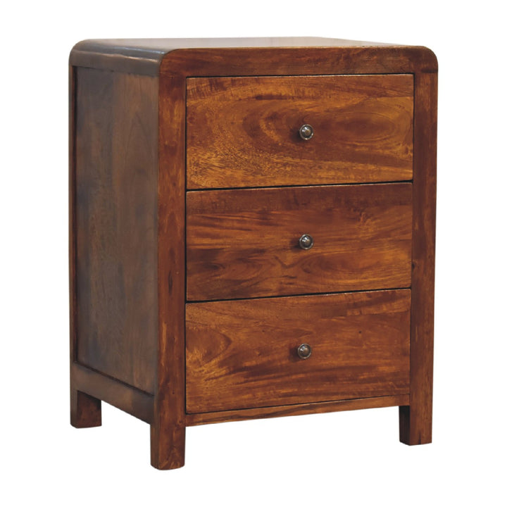 Brown Lacquered Chestnut Solid Mango Wood Naya Bedside Table with 3 Drawers & Brass Knobs