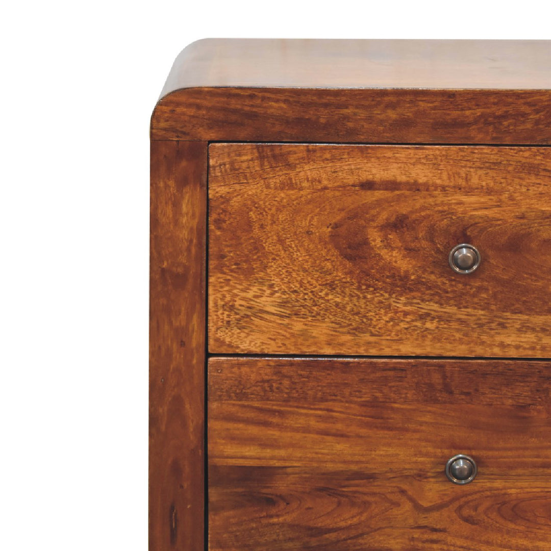 Brown Lacquered Chestnut Solid Mango Wood Naya Bedside Table with 3 Drawers & Brass Knobs