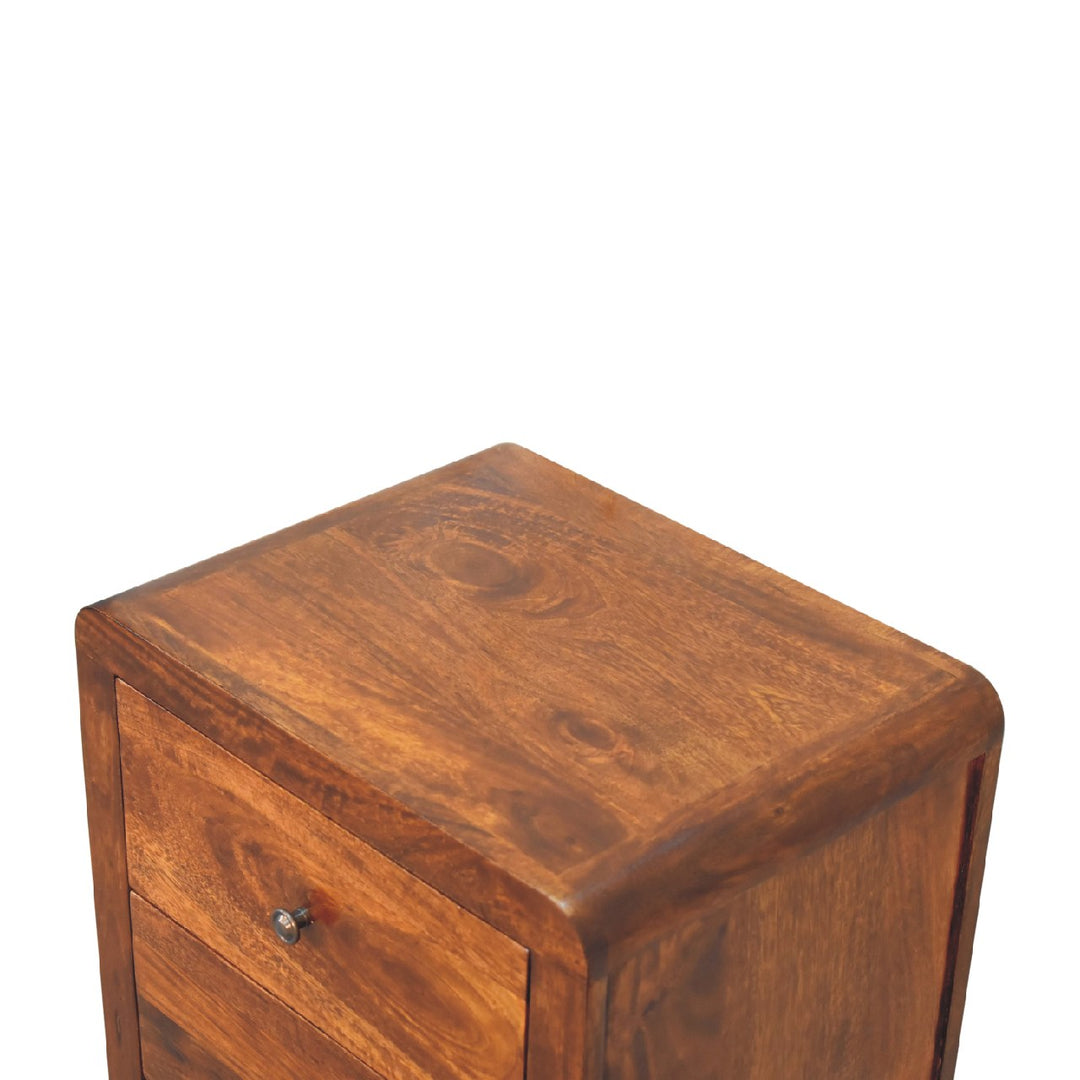 Brown Lacquered Chestnut Solid Mango Wood Naya Bedside Table with 3 Drawers & Brass Knobs