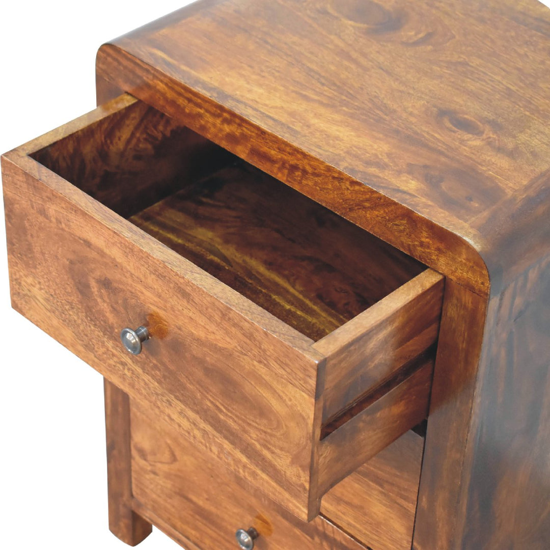 Brown Lacquered Chestnut Solid Mango Wood Naya Bedside Table with 3 Drawers & Brass Knobs