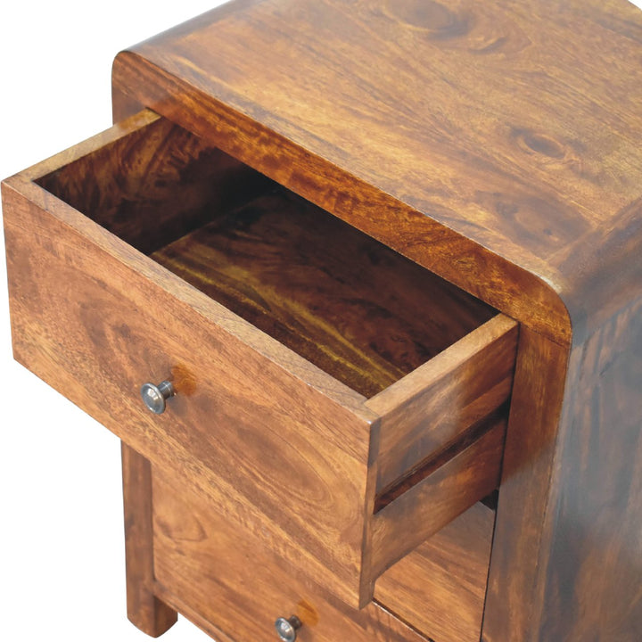 Brown Lacquered Chestnut Solid Mango Wood Naya Bedside Table with 3 Drawers & Brass Knobs