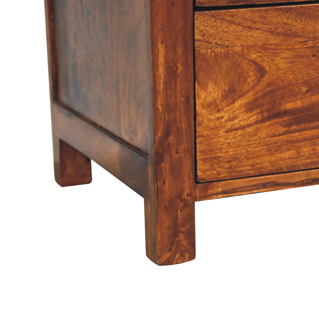 Brown Lacquered Chestnut Solid Mango Wood Naya Bedside Table with 3 Drawers & Brass Knobs