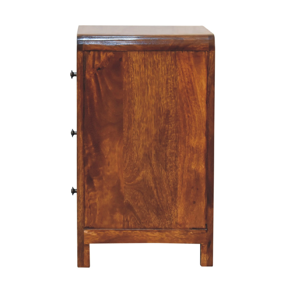 Brown Lacquered Chestnut Solid Mango Wood Naya Bedside Table with 3 Drawers & Brass Knobs
