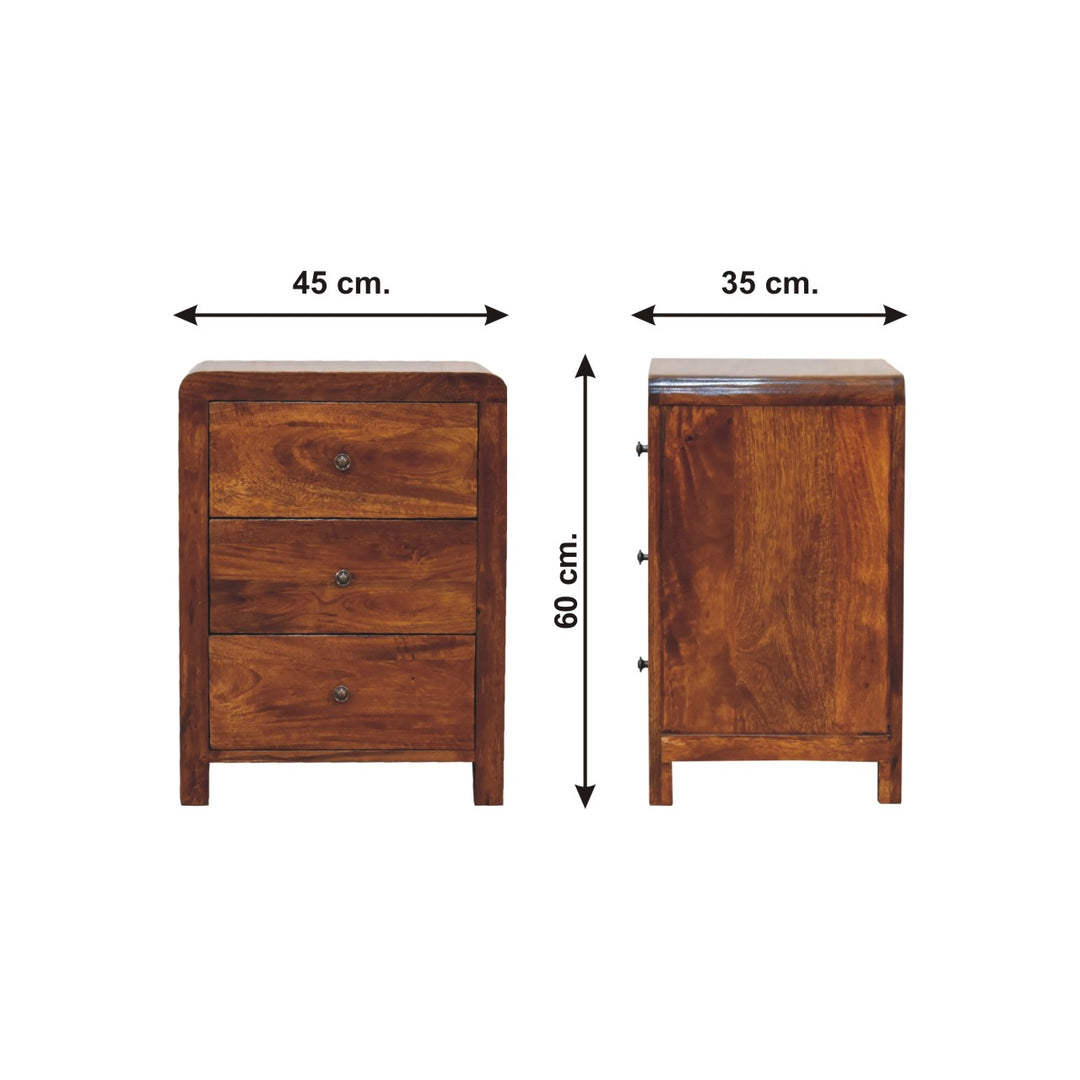 Brown Lacquered Chestnut Solid Mango Wood Naya Bedside Table with 3 Drawers & Brass Knobs