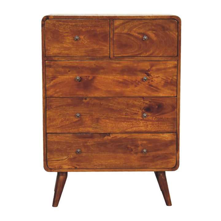 Brown Honeycomb Chestnut Solid Mango Wood Curved 5-Drawer Chest of Drawers