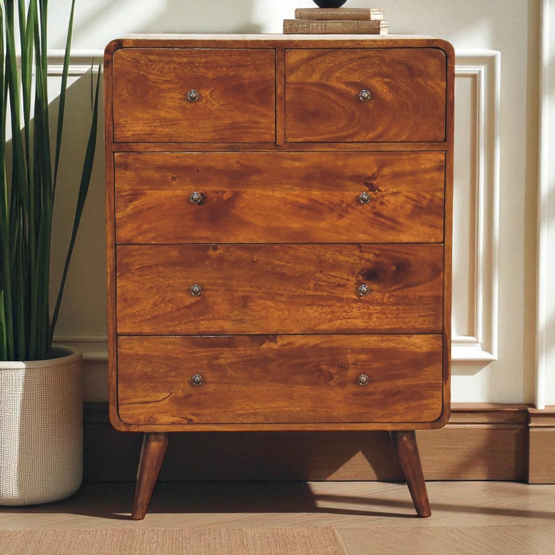 Brown Honeycomb Chestnut Solid Mango Wood Curved 5-Drawer Chest of Drawers