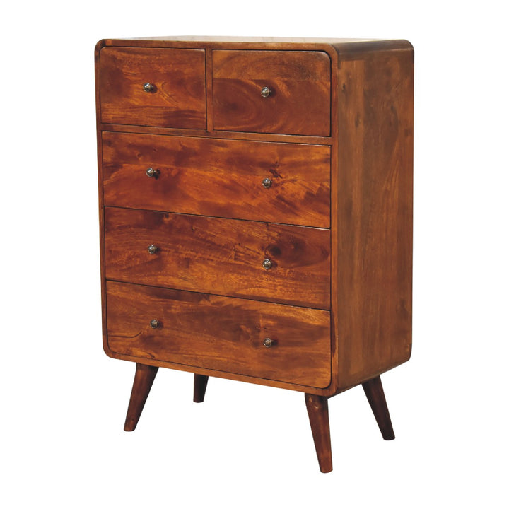 Brown Honeycomb Chestnut Solid Mango Wood Curved 5-Drawer Chest of Drawers