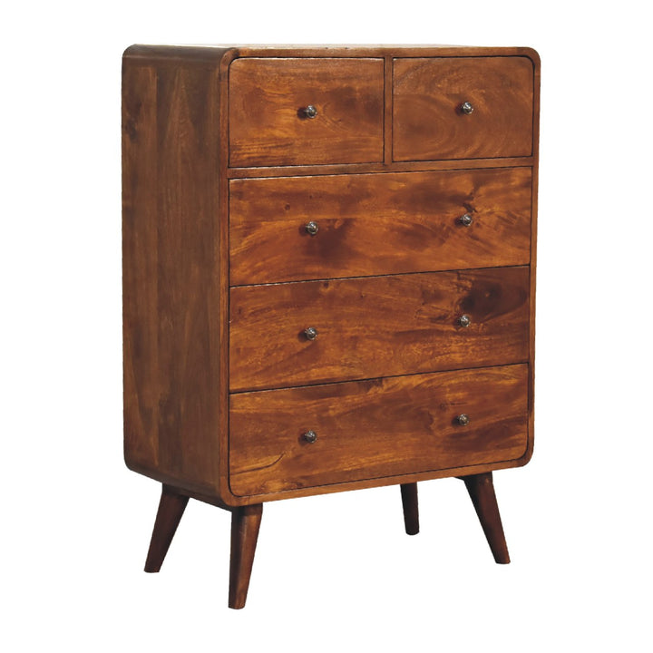 Brown Honeycomb Chestnut Solid Mango Wood Curved 5-Drawer Chest of Drawers