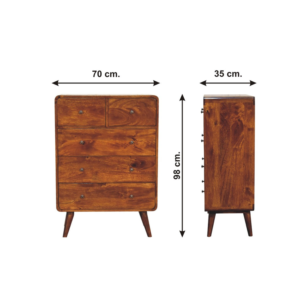 Brown Honeycomb Chestnut Solid Mango Wood Curved 5-Drawer Chest of Drawers