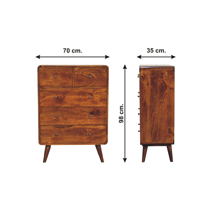 Brown Honeycomb Chestnut Solid Mango Wood Curved 5-Drawer Chest of Drawers