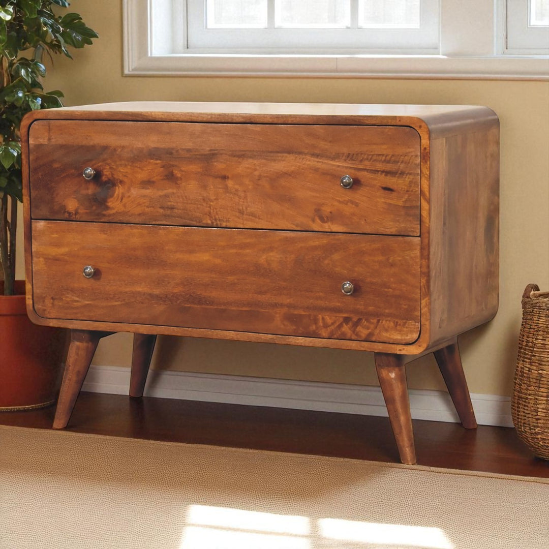 Brown Lacquered Chestnut Solid Mango Wood Curved 2-Drawer Chest with Nordic Legs & Glossy Knobs