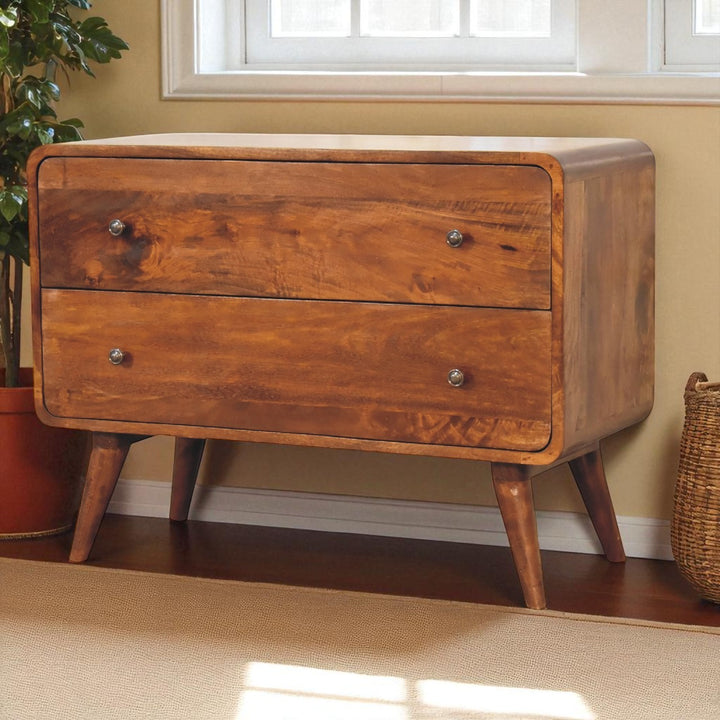 Brown Lacquered Chestnut Solid Mango Wood Curved 2-Drawer Chest with Nordic Legs & Glossy Knobs