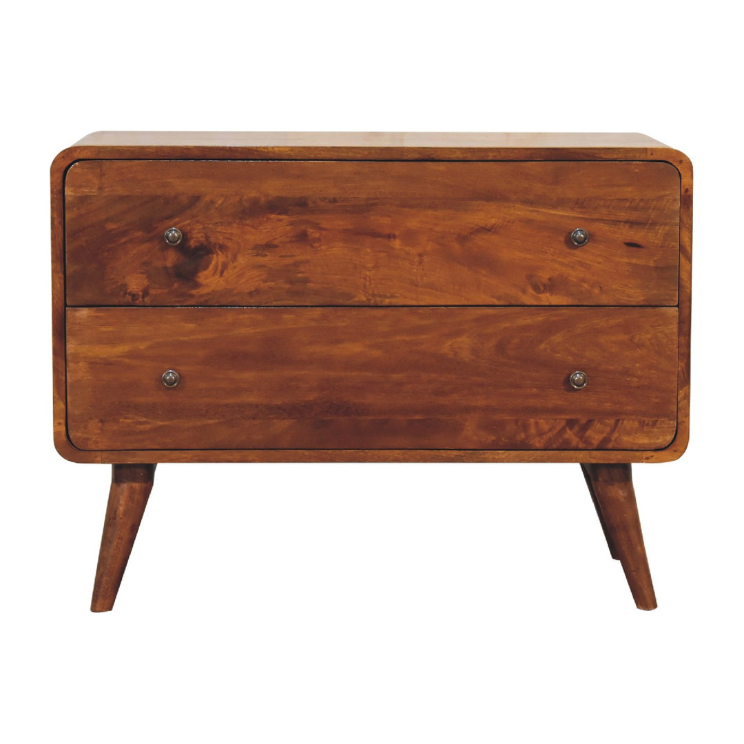 Brown Lacquered Chestnut Solid Mango Wood Curved 2-Drawer Chest with Nordic Legs & Glossy Knobs