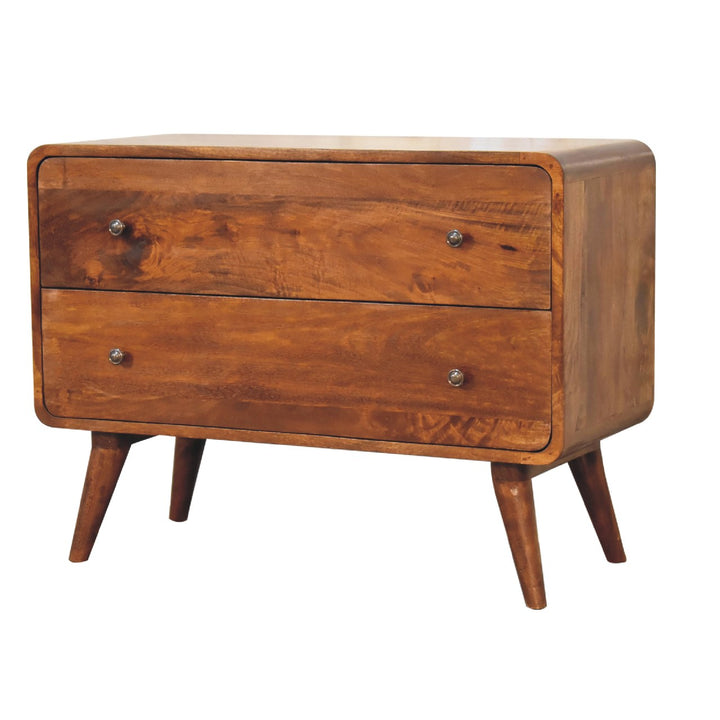 Brown Lacquered Chestnut Solid Mango Wood Curved 2-Drawer Chest with Nordic Legs & Glossy Knobs