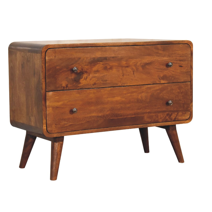 Brown Lacquered Chestnut Solid Mango Wood Curved 2-Drawer Chest with Nordic Legs & Glossy Knobs