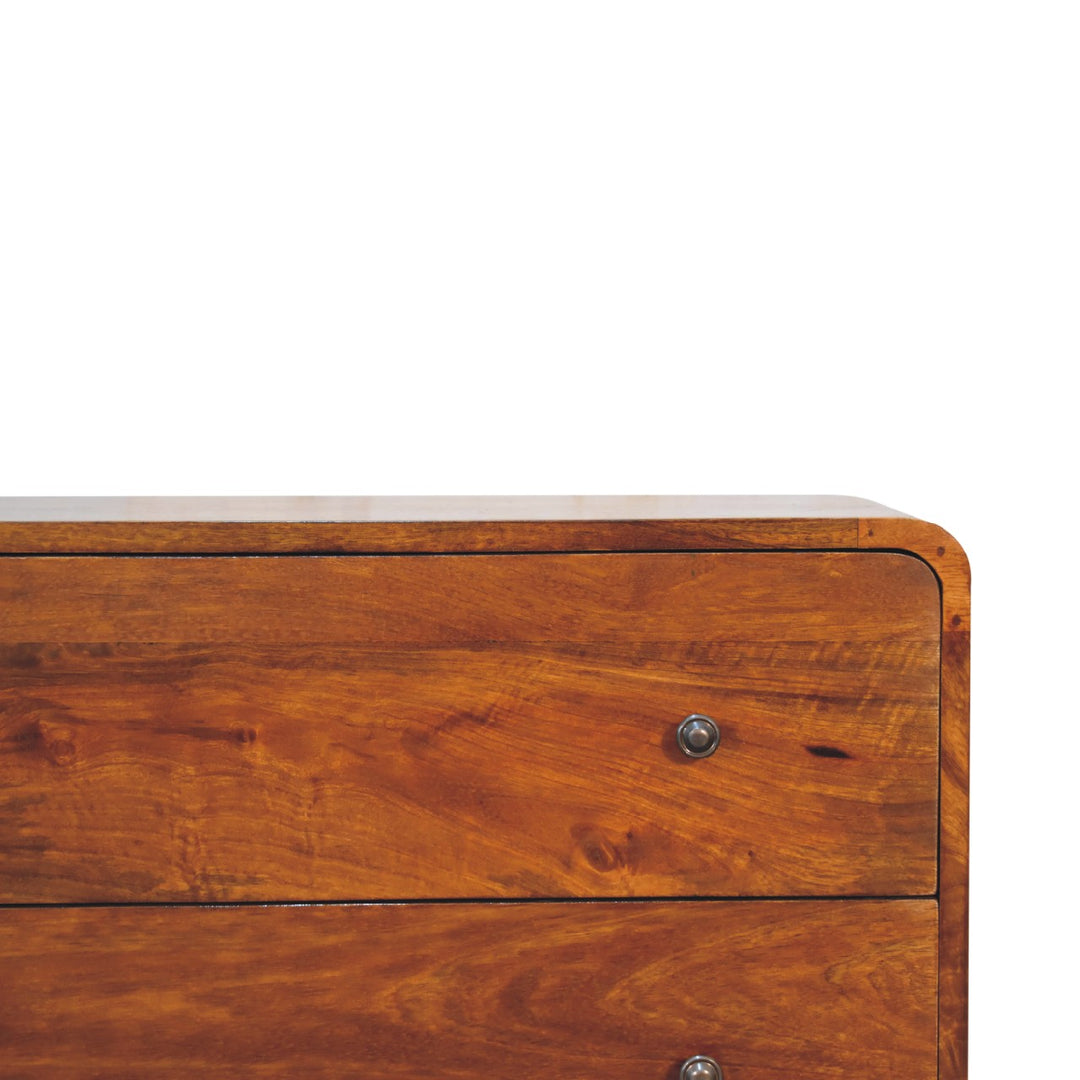 Brown Lacquered Chestnut Solid Mango Wood Curved 2-Drawer Chest with Nordic Legs & Glossy Knobs