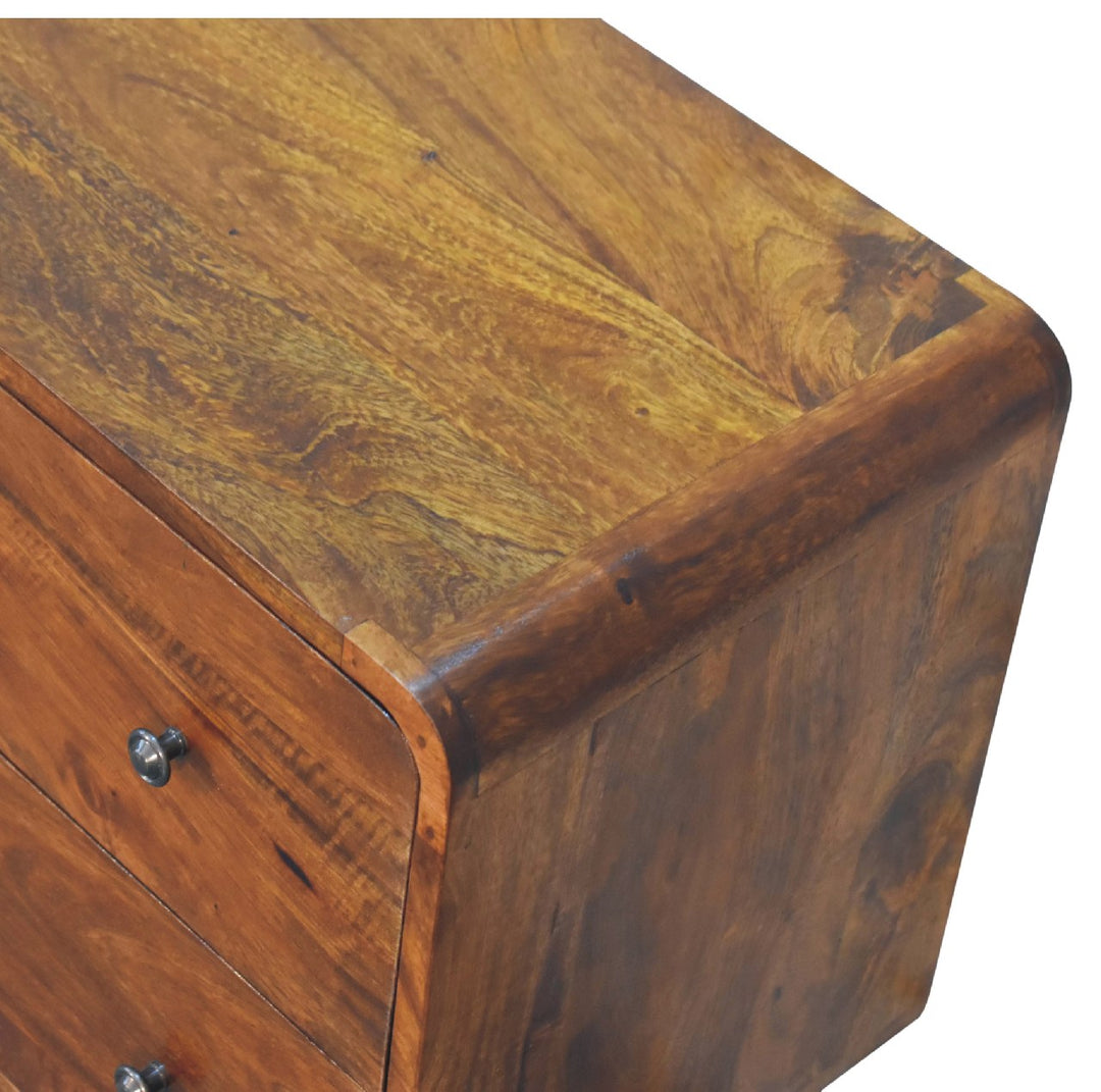 Brown Lacquered Chestnut Solid Mango Wood Curved 2-Drawer Chest with Nordic Legs & Glossy Knobs