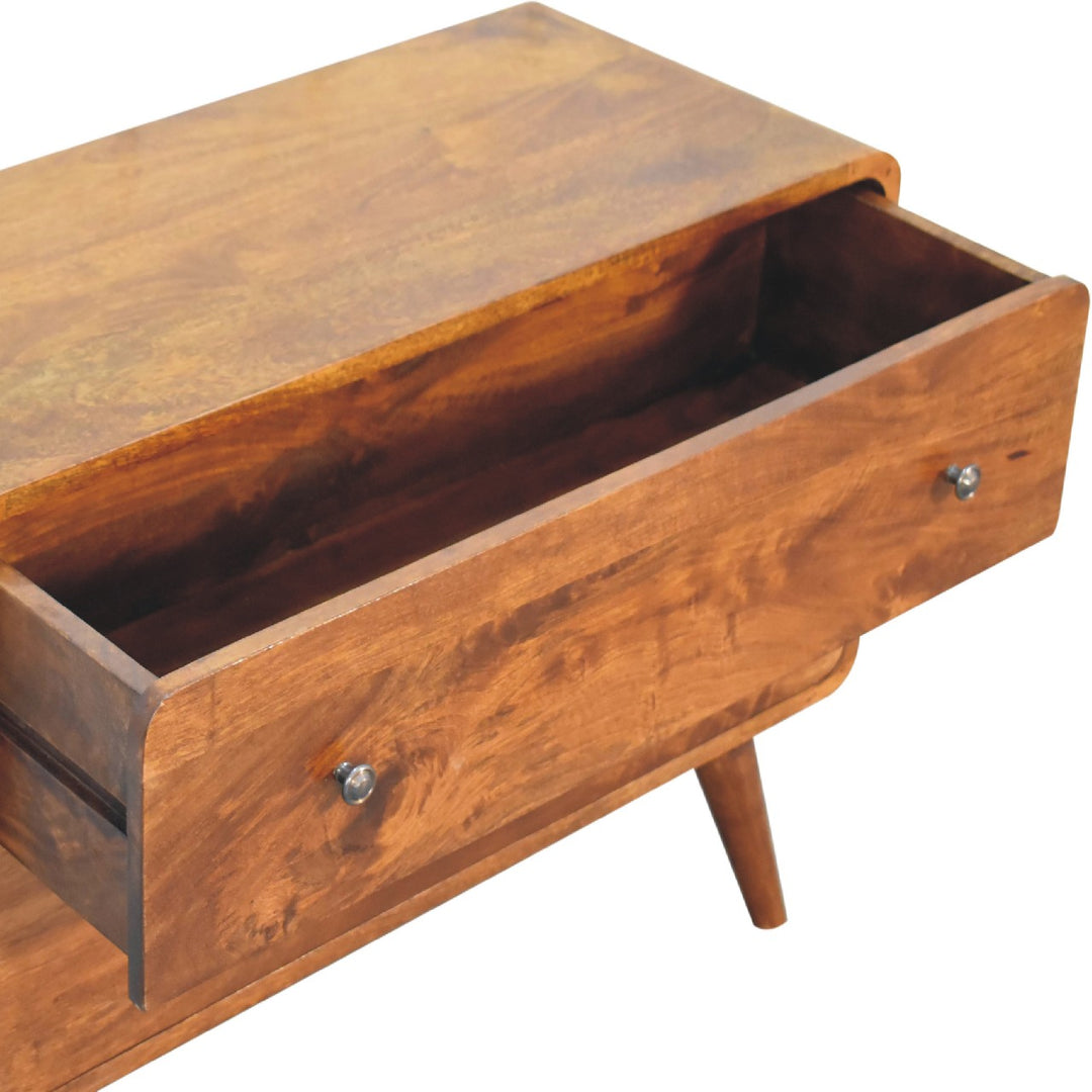 Brown Lacquered Chestnut Solid Mango Wood Curved 2-Drawer Chest with Nordic Legs & Glossy Knobs