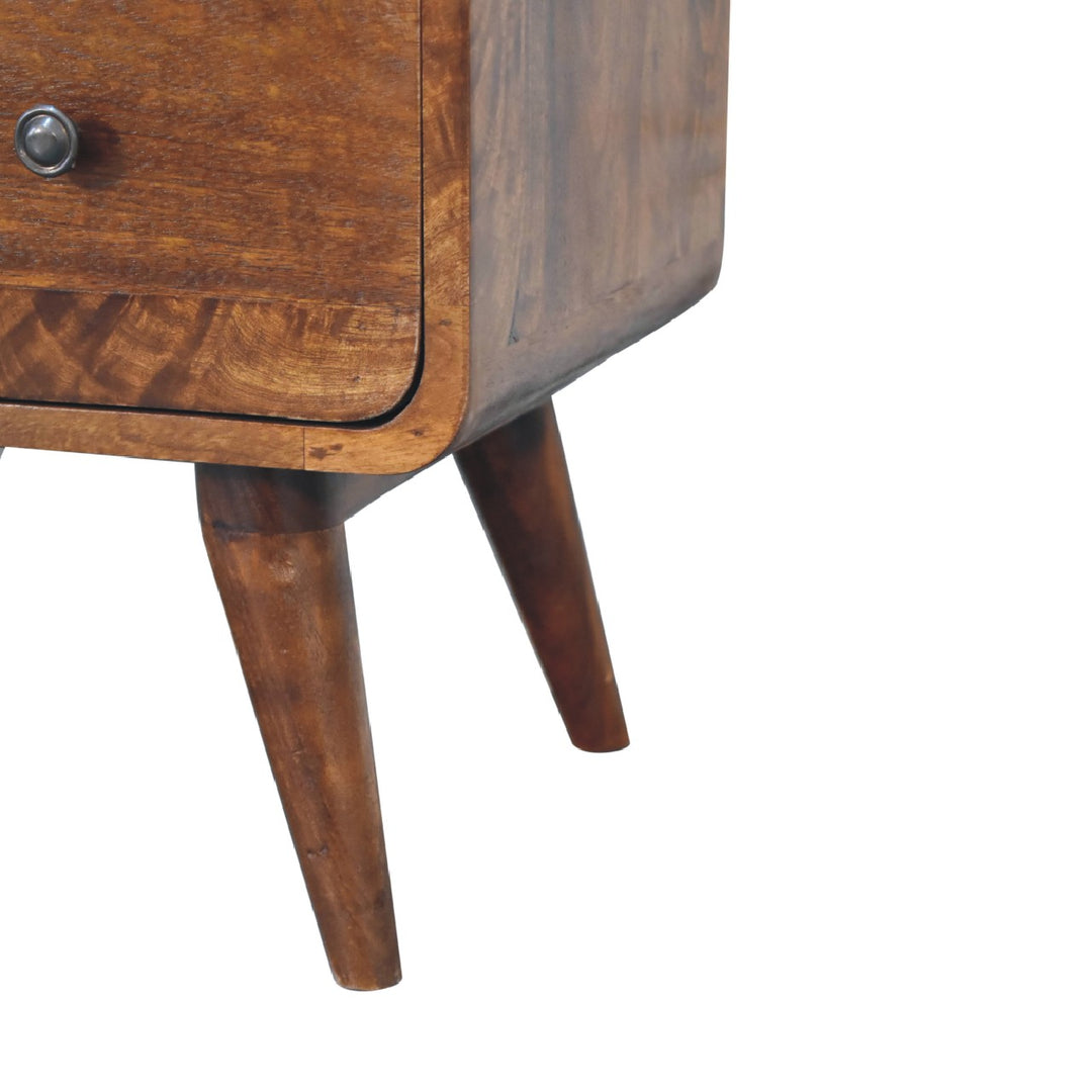 Brown Lacquered Chestnut Solid Mango Wood Curved 2-Drawer Chest with Nordic Legs & Glossy Knobs