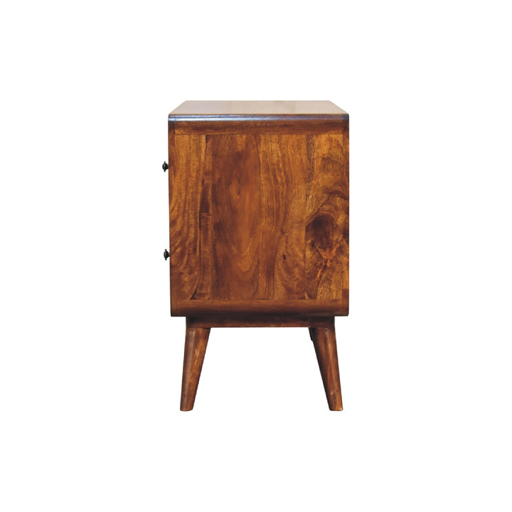Brown Lacquered Chestnut Solid Mango Wood Curved 2-Drawer Chest with Nordic Legs & Glossy Knobs