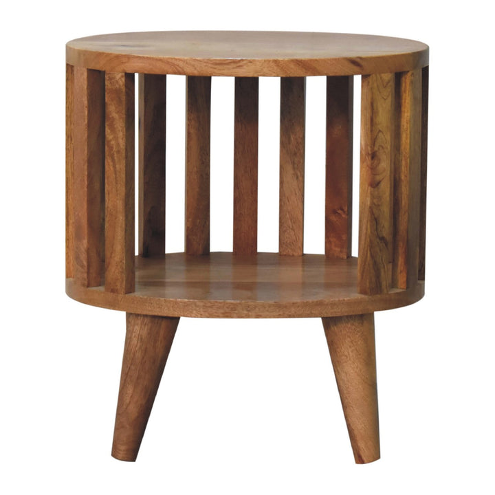 Brown Lacquered Solid Mango Wood Oak-Finish Compact Bedside Table with Drawer & Scandinavian Legs