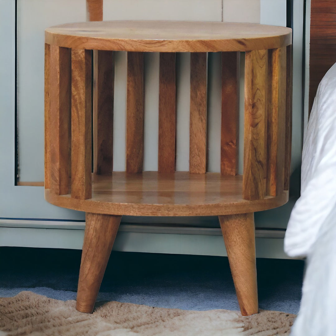 Brown Lacquered Solid Mango Wood Oak-Finish Compact Bedside Table with Drawer & Scandinavian Legs