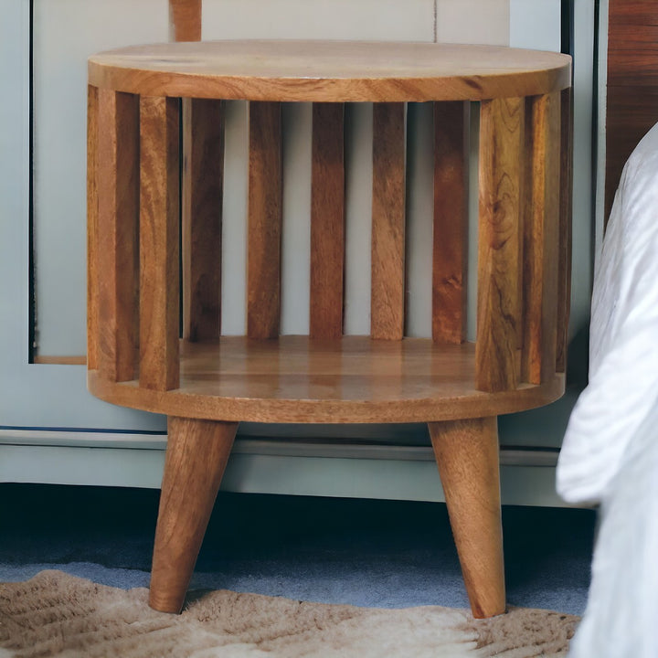Brown Lacquered Solid Mango Wood Oak-Finish Compact Bedside Table with Drawer & Scandinavian Legs