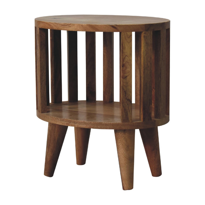 Brown Lacquered Solid Mango Wood Oak-Finish Compact Bedside Table with Drawer & Scandinavian Legs