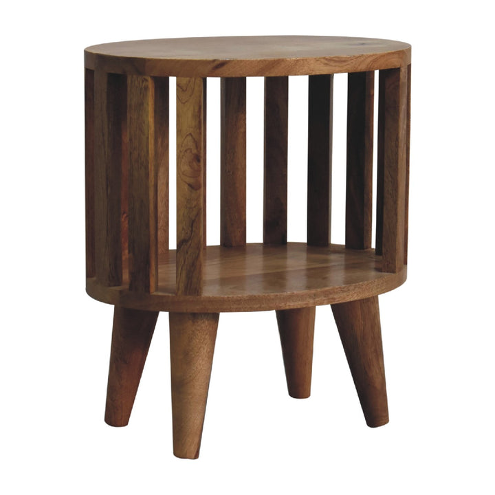 Brown Lacquered Solid Mango Wood Oak-Finish Compact Bedside Table with Drawer & Scandinavian Legs