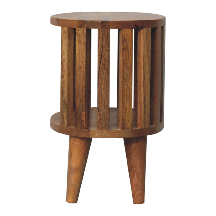 Brown Lacquered Solid Mango Wood Oak-Finish Compact Bedside Table with Drawer & Scandinavian Legs