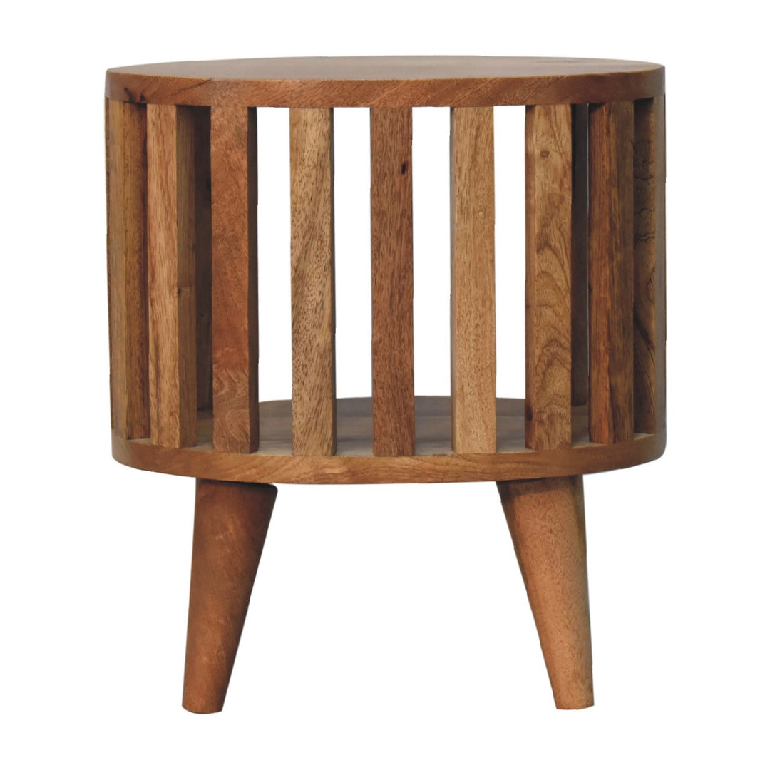 Brown Lacquered Solid Mango Wood Oak-Finish Compact Bedside Table with Drawer & Scandinavian Legs