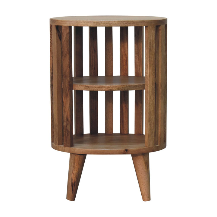 Beige Lacquered Solid Mango Wood Oak-Finish Nightstand with 2 Drawers & Open Compartments