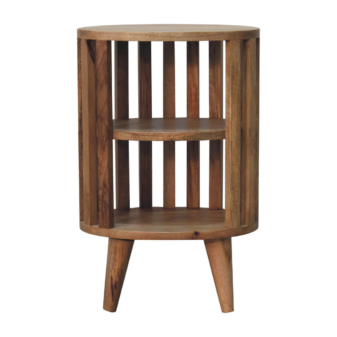 Beige Lacquered Solid Mango Wood Oak-Finish Nightstand with 2 Drawers & Open Compartments