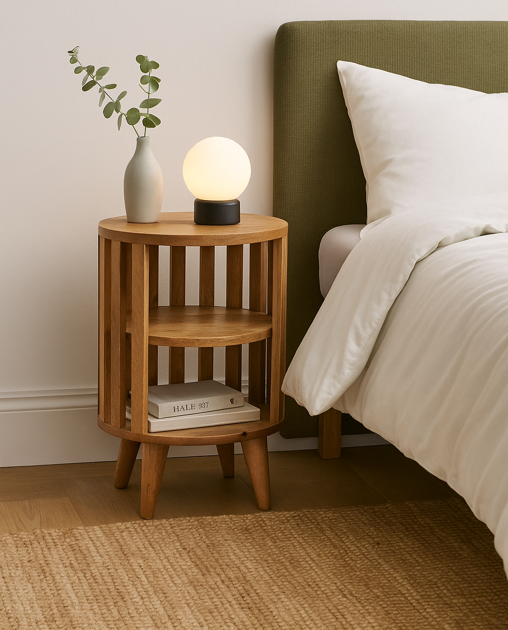 Beige Lacquered Solid Mango Wood Oak-Finish Nightstand with 2 Drawers & Open Compartments
