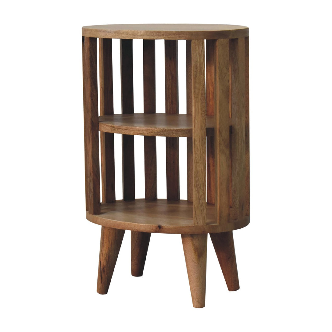 Beige Lacquered Solid Mango Wood Oak-Finish Nightstand with 2 Drawers & Open Compartments