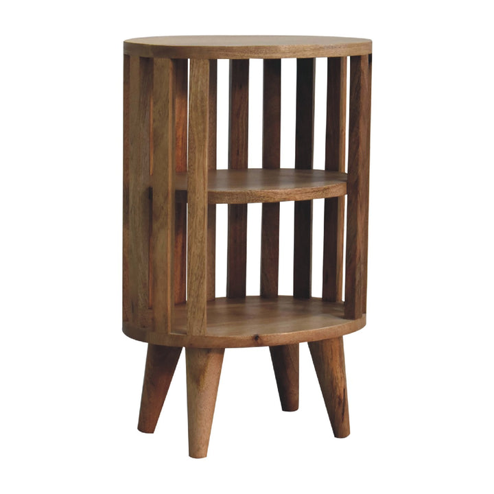 Beige Lacquered Solid Mango Wood Oak-Finish Nightstand with 2 Drawers & Open Compartments