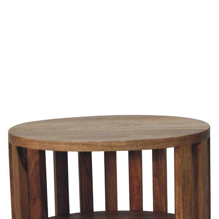 Beige Lacquered Solid Mango Wood Oak-Finish Nightstand with 2 Drawers & Open Compartments