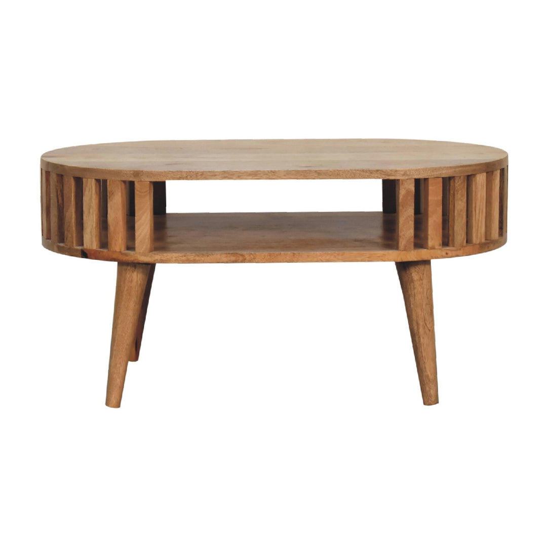 Beige Oak Veneer Solid Mango Wood Ariella Coffee Table with Japanese-Inspired Open Structure