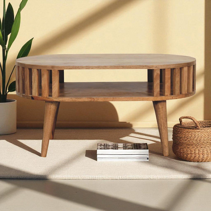 Beige Oak Veneer Solid Mango Wood Ariella Coffee Table with Japanese-Inspired Open Structure