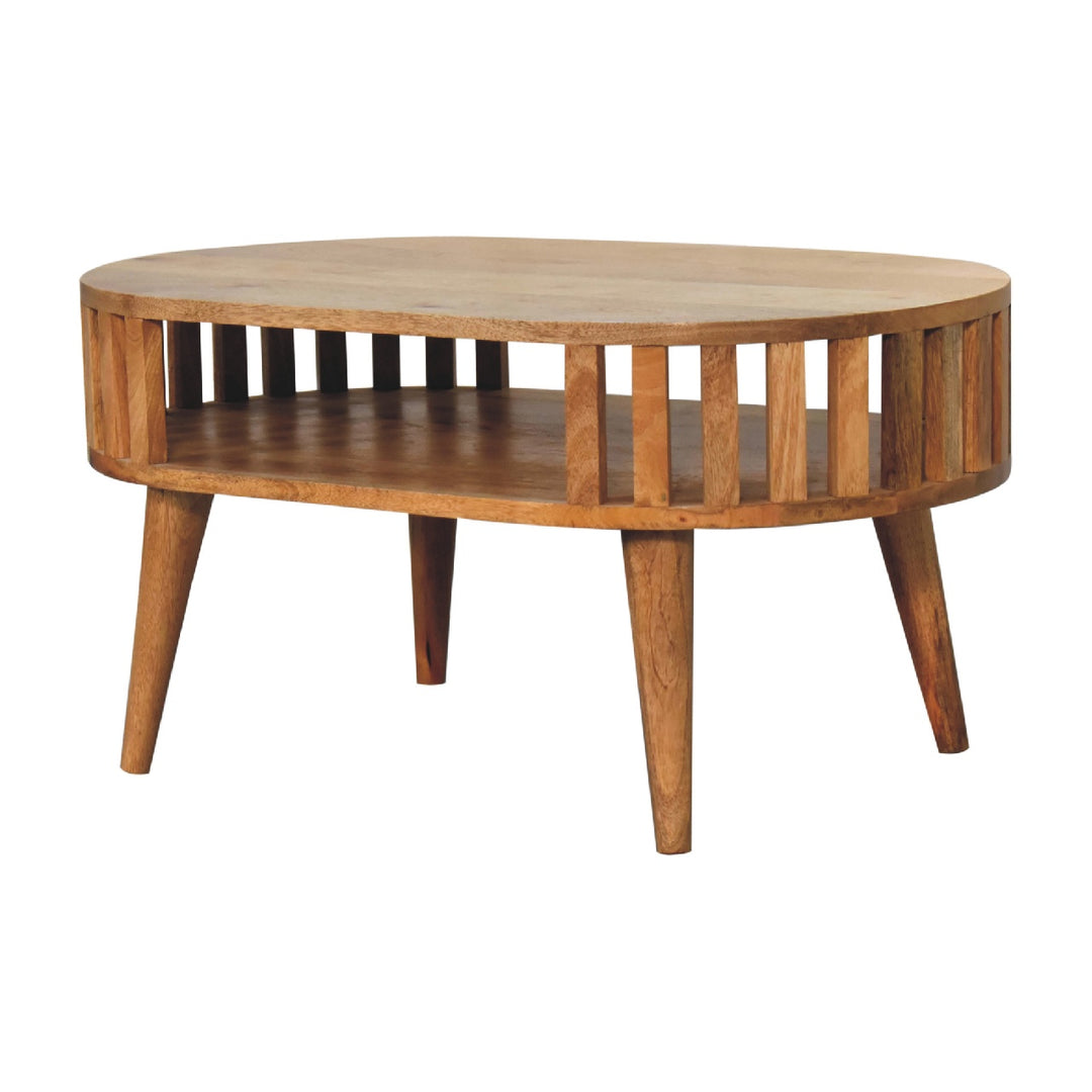 Beige Oak Veneer Solid Mango Wood Ariella Coffee Table with Japanese-Inspired Open Structure