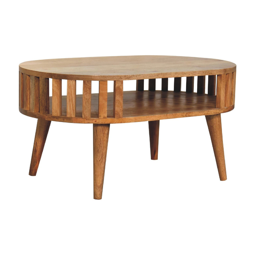 Beige Oak Veneer Solid Mango Wood Ariella Coffee Table with Japanese-Inspired Open Structure