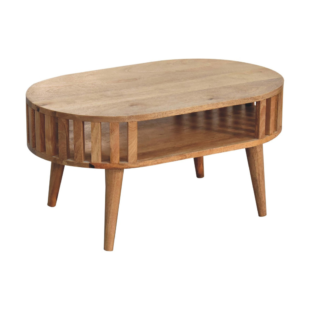 Beige Oak Veneer Solid Mango Wood Ariella Coffee Table with Japanese-Inspired Open Structure