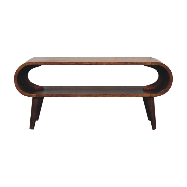 Chocolate Brown Lacquered Oak-Finish Solid Mango Wood Amaya Mini Coffee Table with Nordic Legs