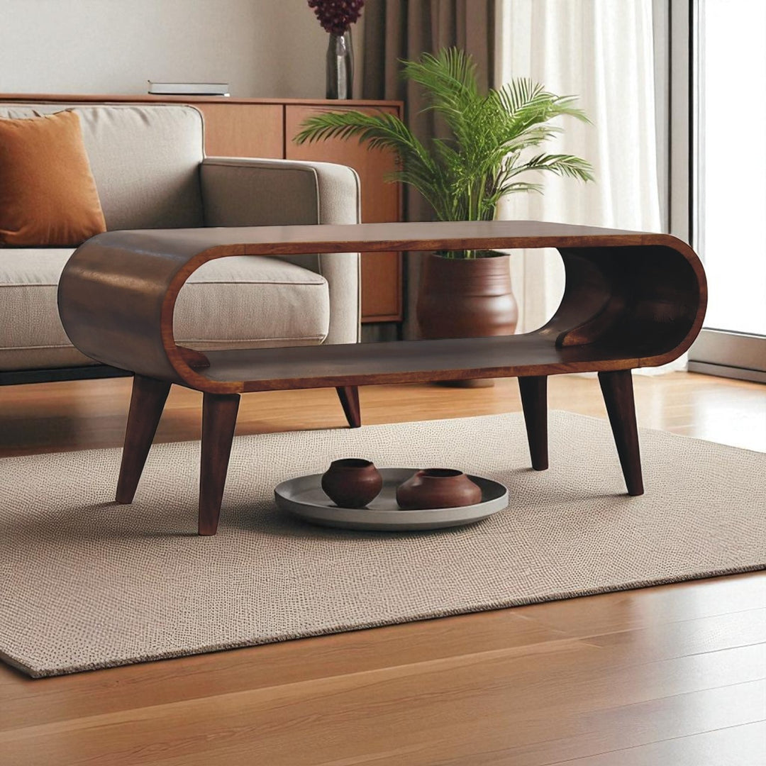 Chocolate Brown Lacquered Oak-Finish Solid Mango Wood Amaya Mini Coffee Table with Nordic Legs