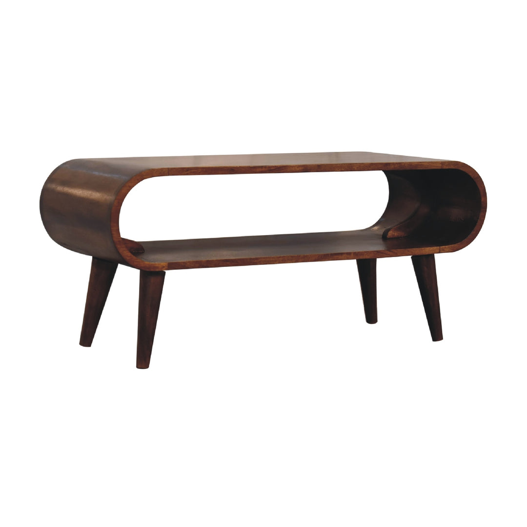 Chocolate Brown Lacquered Oak-Finish Solid Mango Wood Amaya Mini Coffee Table with Nordic Legs
