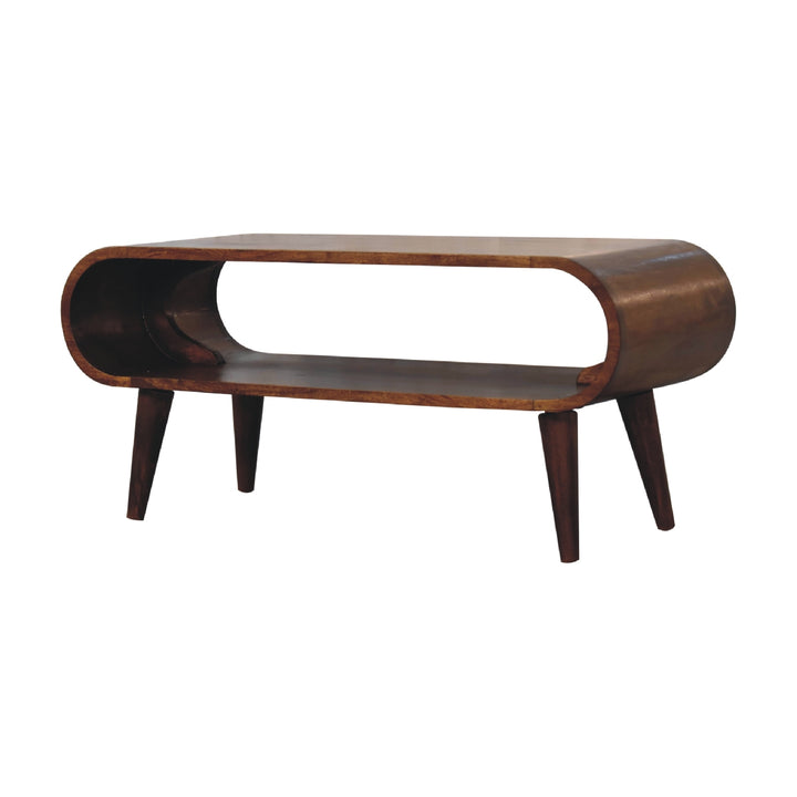 Chocolate Brown Lacquered Oak-Finish Solid Mango Wood Amaya Mini Coffee Table with Nordic Legs