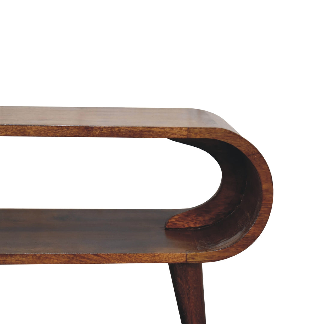 Chocolate Brown Lacquered Oak-Finish Solid Mango Wood Amaya Mini Coffee Table with Nordic Legs
