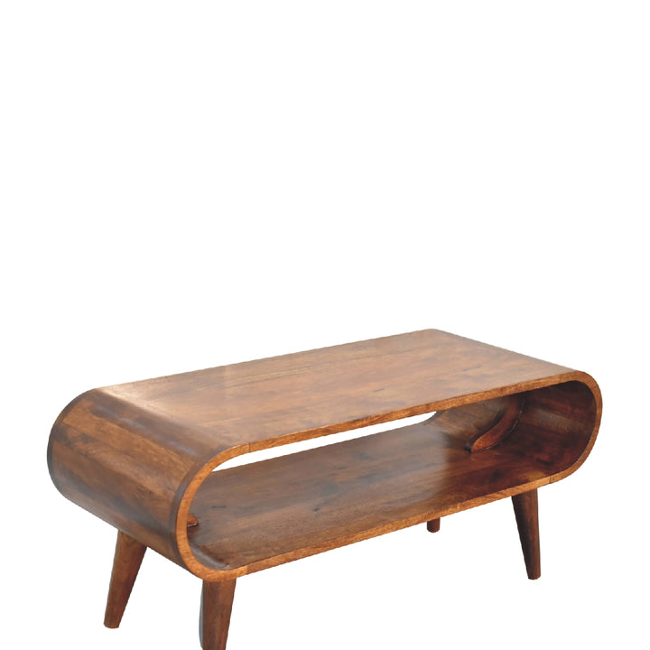 Chocolate Brown Lacquered Oak-Finish Solid Mango Wood Amaya Mini Coffee Table with Nordic Legs